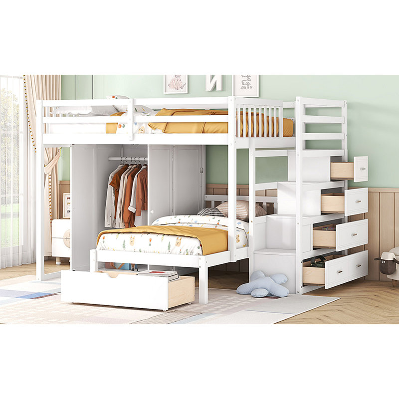 Lit superposé avec garde-robe, tiroirs, Blanc