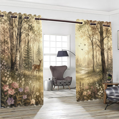 2 pièces rideaux occultant à oeillets scène de forêt, rideaux tranquilles à imprimé cerf Woodland, obscurcissement de la pièce et protection de la vie privée, décoration pour le salon, la chambre, la cuisine, la décoration intérieure