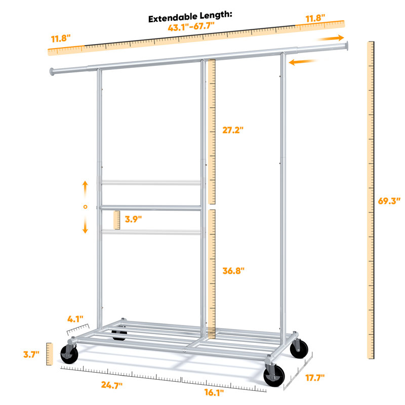  460lbs Clothing Garment Rack Rolling Clothes Rack with Wheels for Hanging Clothes Adjustable Silver, Silver