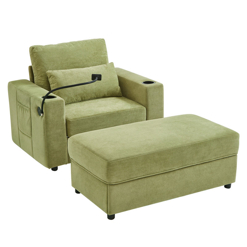 Fauteuil rembourré avec repose-pieds et ports USB, Vert