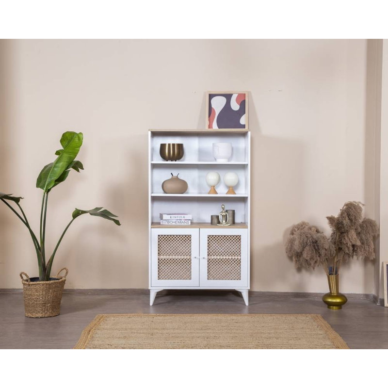 Bibliothèque moderne scandinave avec portes à fermeture douce, blanc et chêne, 35,4 x 62,2 x 16,1 pouces | Cadre et cadre de porte 100% panneau de fibres à densité moyenne, décor de porte 100% bois de pin | De nombreuses tablettes murales pour un rangement élégant