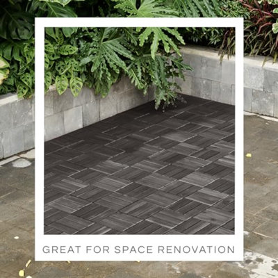 Carreaux de terrasse, plancher de patio - carreaux de bois d'extérieur imperméables en bois d'acacia pour toutes les conditions météorologiques - balcon, cour, intérieur et extérieur (motif en croix noire, 10 pièces - 10 pieds carrés)