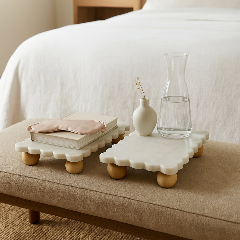 Elegant Rectangular Accent Tray With Scalloped Marble Design - Decorative Tray For Stylish Home Decor And Living Room - Perfect For Organizing And Display With Wooden Ball Feet - Set Of 2, 16", White