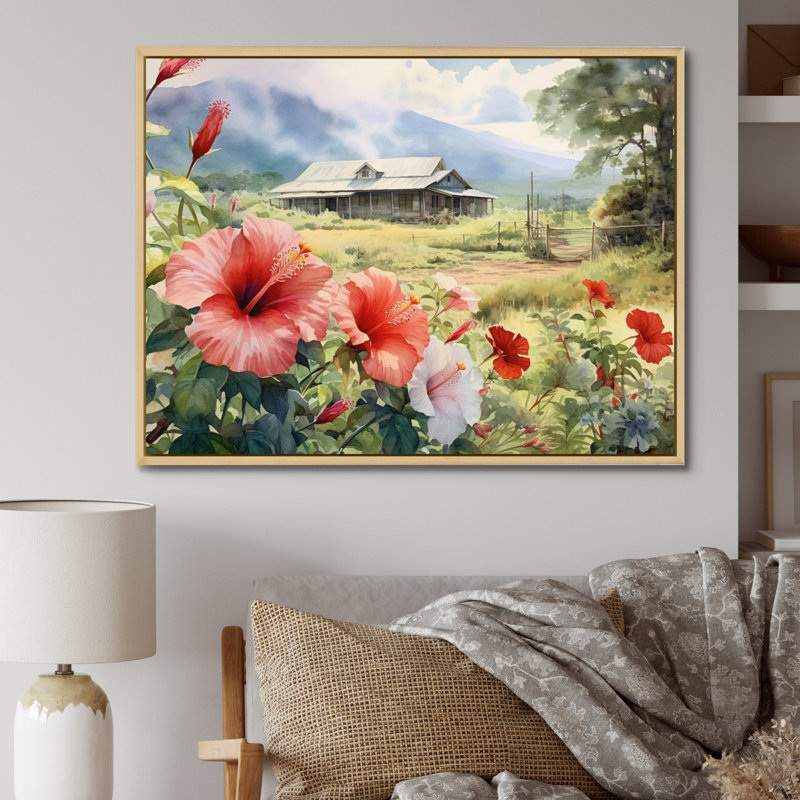 «Pink Green Hibiscus Harmony I» sur toile, Cadre naturel flottant, H 12 po x l 20 po x P 1,5 po