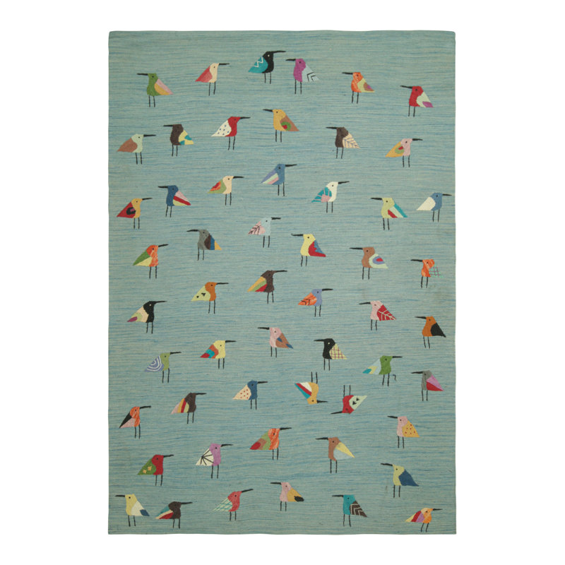 Rug & Kilim’S Suzani Kilim In Sky Blue With Polychromatic Bird Pictorials, Rectangle 9' x 12'
