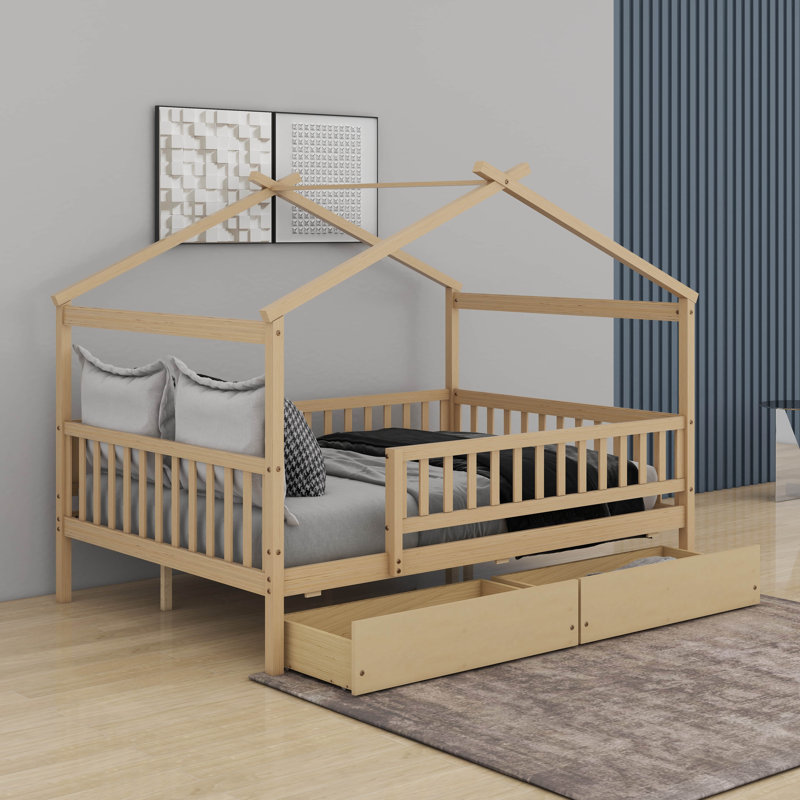 Full Size Wooden House Bed With Drawers, Naturel