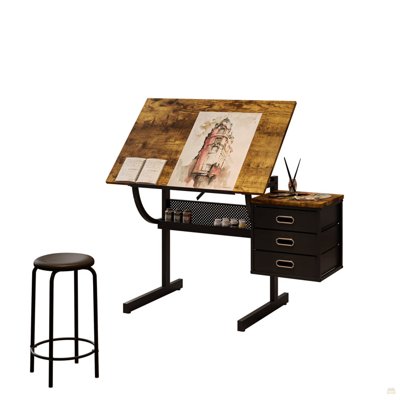 Table à dessin noire avec tabouret et 3 tiroirs, Brun