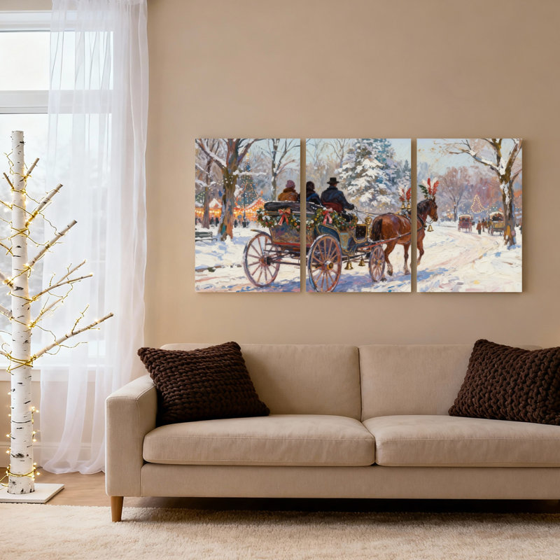 Ensemble de 3 tableaux muraux sur toile « Promenade en calèche hivernale », H 36 po x l 72 po