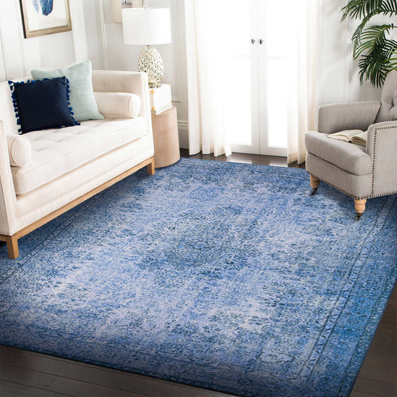 Tapis décoratif bleu marine à motif rétro, Rectangle 3 pi 10 po x 5 pi 3 po