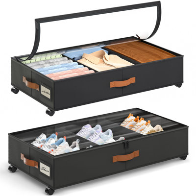 Rangement sous-lit à roulettes, contenants de rangement sous lit avec séparateurs ajustables et fenêtre transparente, tiroirs de rangement à roulettes pour vêtements, chaussures, couvertures, ensemble de 2, (noir)