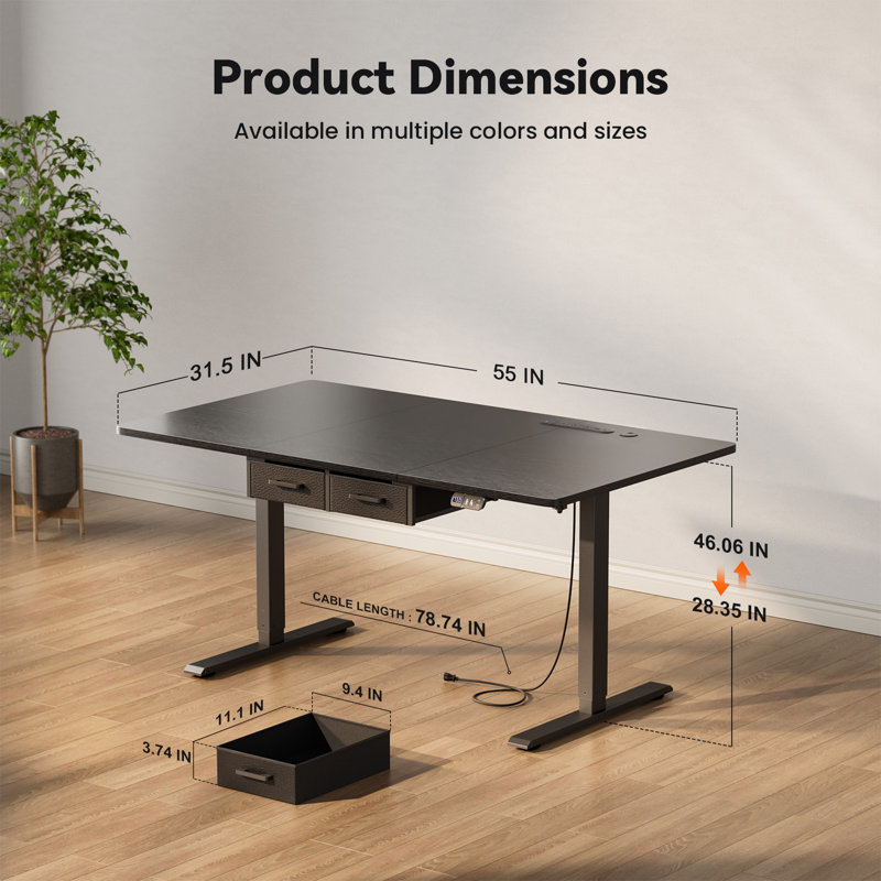 Electric Standing Desk with Built-in Outlet & Storage Drawer, 55” W × 31.5” D Adjustable Height Computer Desk with 2 Memory Modes,Stable Sit-Stand Desk with Charging Station,Spacious Workstation for Home Office
