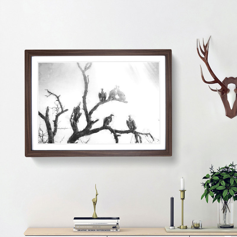 Vultures on a Tree - Picture Frame Painting Print, 62cm H x 87cm W x 2cm D, Walnut Framed