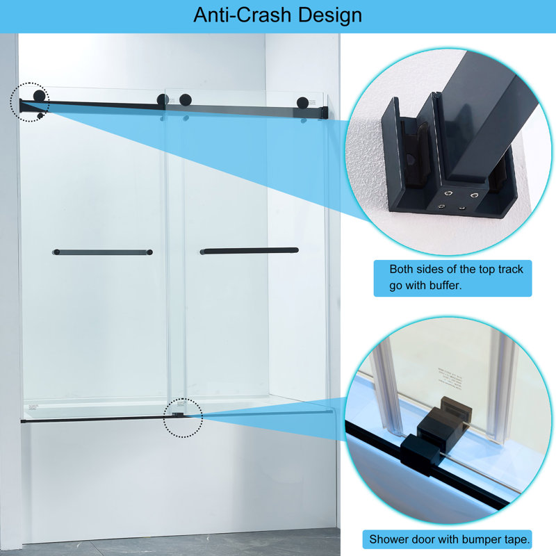 56-60"W X 60"H Frameless Double Sliding Tub Shower Door | 5/16" High Strength Tempered Clear Glass, 304 Stainless Steel (Matte Black) | Quiet Soft-Close, Anti-Water, Easy Installation