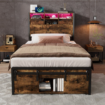 Bed Frame, Metal Bed, Iron Bed, 3Ft Single Bed 90 x 190cm, With Multi-Color LED Strip Lights and Charging Port: 2 A-Type and 1 C-Type, With Storage Space, Black + Wood Color