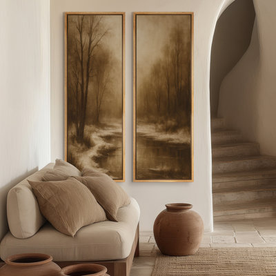 «Sepia Woodland Stream Path», ensemble de 2 reproductions d'art murales encadrées sur toile 60 po x 20 po x 2 pièces, 60 po x 30 po x 2 pièces
