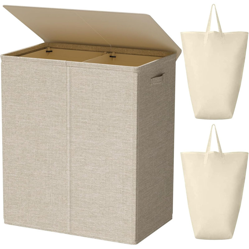 154L Double Laundry Hamper With Lid And Removable Laundry Bags, Large Dirty Clothes Hamper 2 Section Collapsible Laundry Basket Dorm Room Storage For B