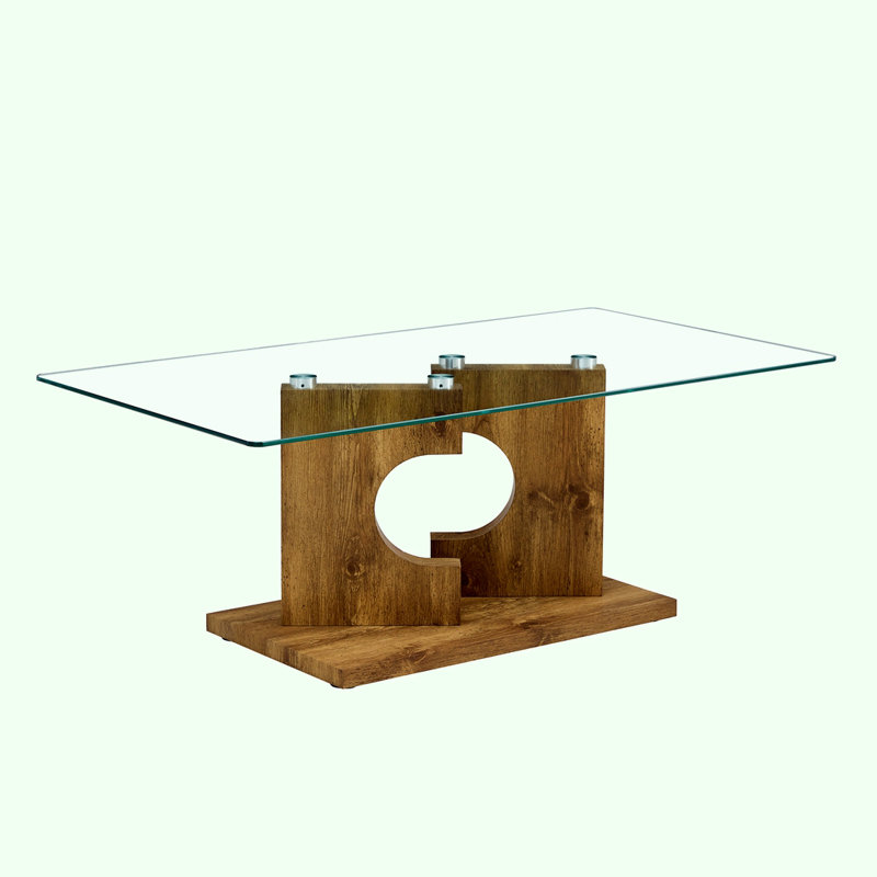 Rectangular tempered glass tabletop dining table, Natural Wood