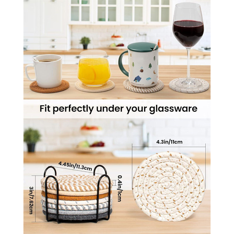 Ensemble de sous-verres ronds en coton 8 pièces avec support