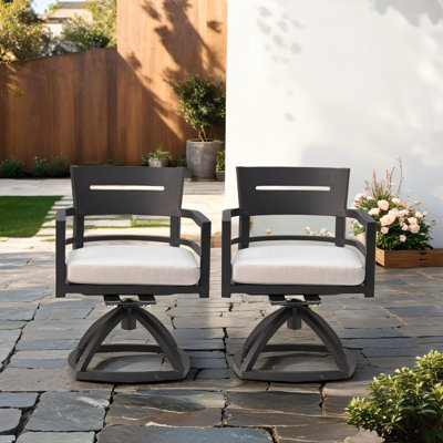2Pcs Outdoor Swivel Rocker With Aluminum Frame - Ember Black. Strong Ergonomic Design, Fabric Cushions, Modern Style Rust- Frame, Back Support, Cushions