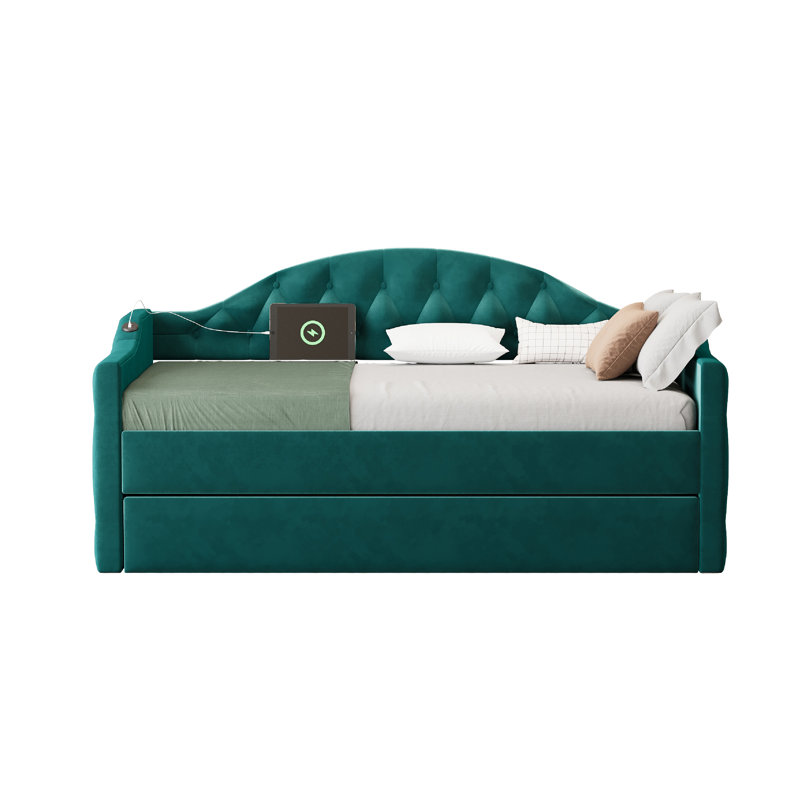 Twin Size Tufted Upholstered Daybed with Trundle ,Velvet Sofabed with USB&Type-C Charging Ports,No Box-spring Needed,Green