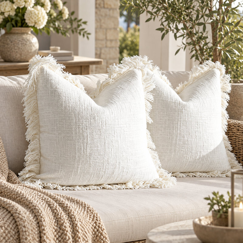 Housse de coussin décorative bohème à franges 100 % coton, 18 po x 18 po, Ivoire ivoire