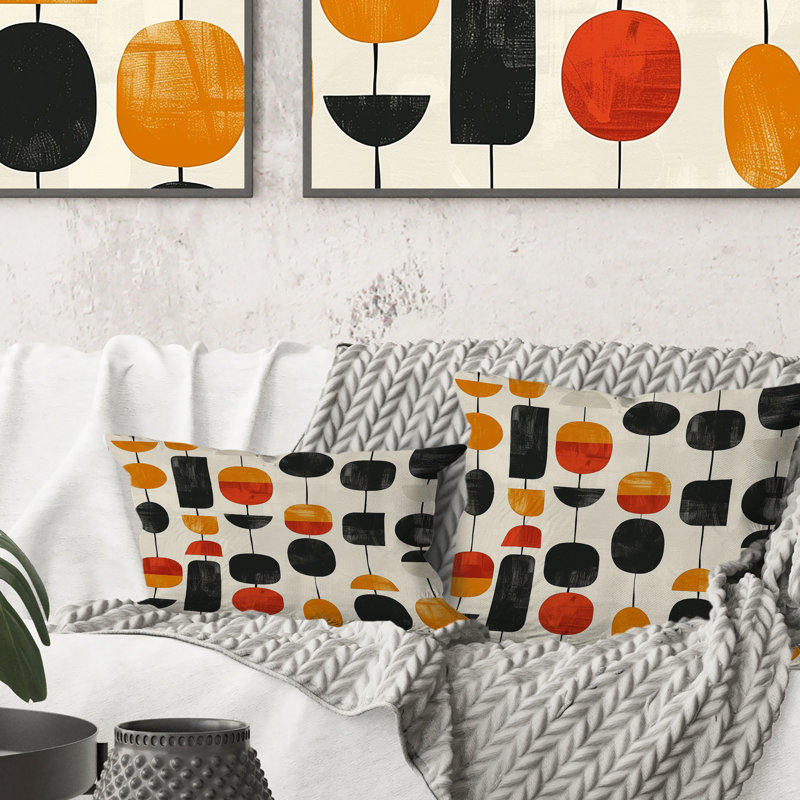 Orange Black Midcentury Geometric Shapes I - Midcentury Lumbar Pillow
