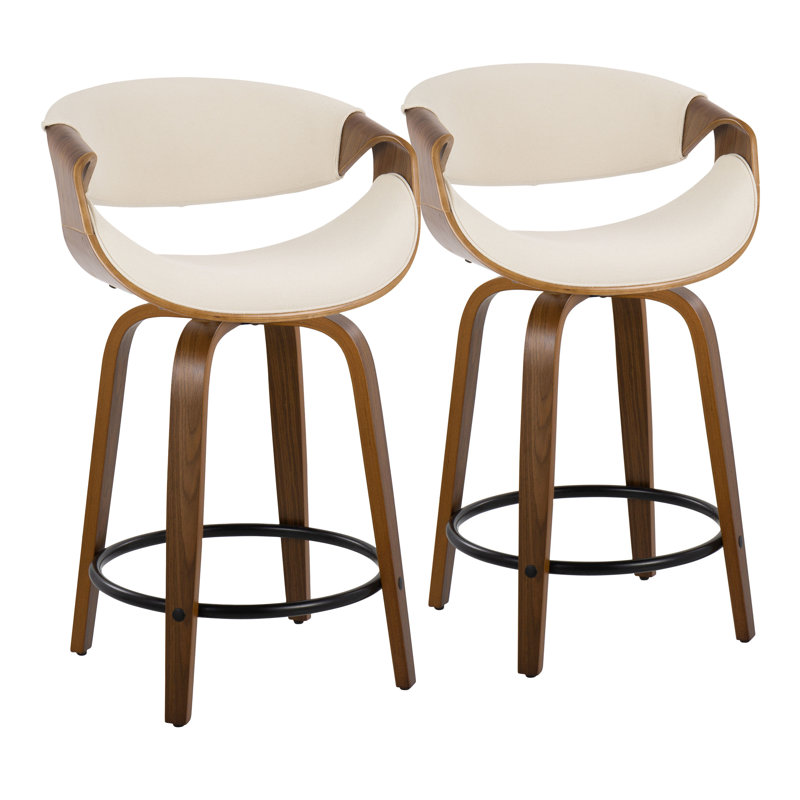 Curvini 24" Mid-Century Modern Fixed-Height Counter Stool With Swivel In Walnut Wood And Cream Fabric With Round Black Metal Footrest - Set Of 2