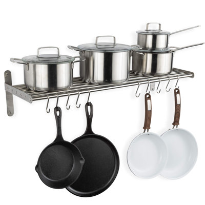 Kitchen Organization and Storage Rack, Stainless Steel Metal Wall Shelf with 10 S Hooks for Hanging Pots and Pans, (Chrome)