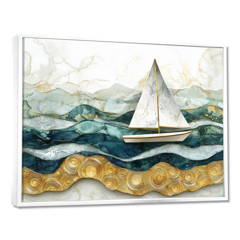 Voilier doré sur l'océan émeraude II - Bateau, art mural, H 12 po x l 20 po, Reproduction avec cadre flottant, Blanc