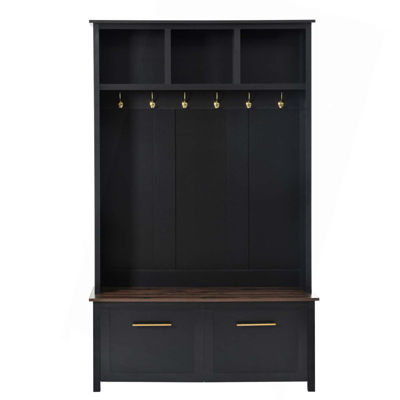 Versatile 4-In-1 Hall Tree With 6 Golden Hooks,Wood Grain Bench With Multiple Storage Space,Entryway Coat Rack With 2 Drawers For Living Room,Hallway