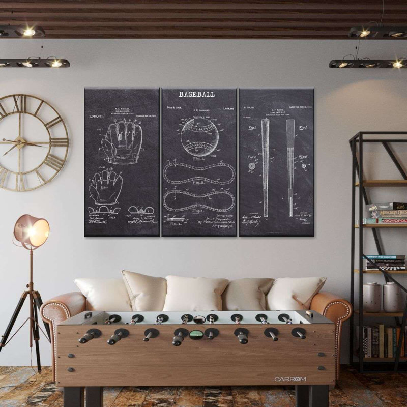 Ensemble de 3 pièces de brevet de baseball sur toile, H 20 po x l 33 po x P 1,25 po