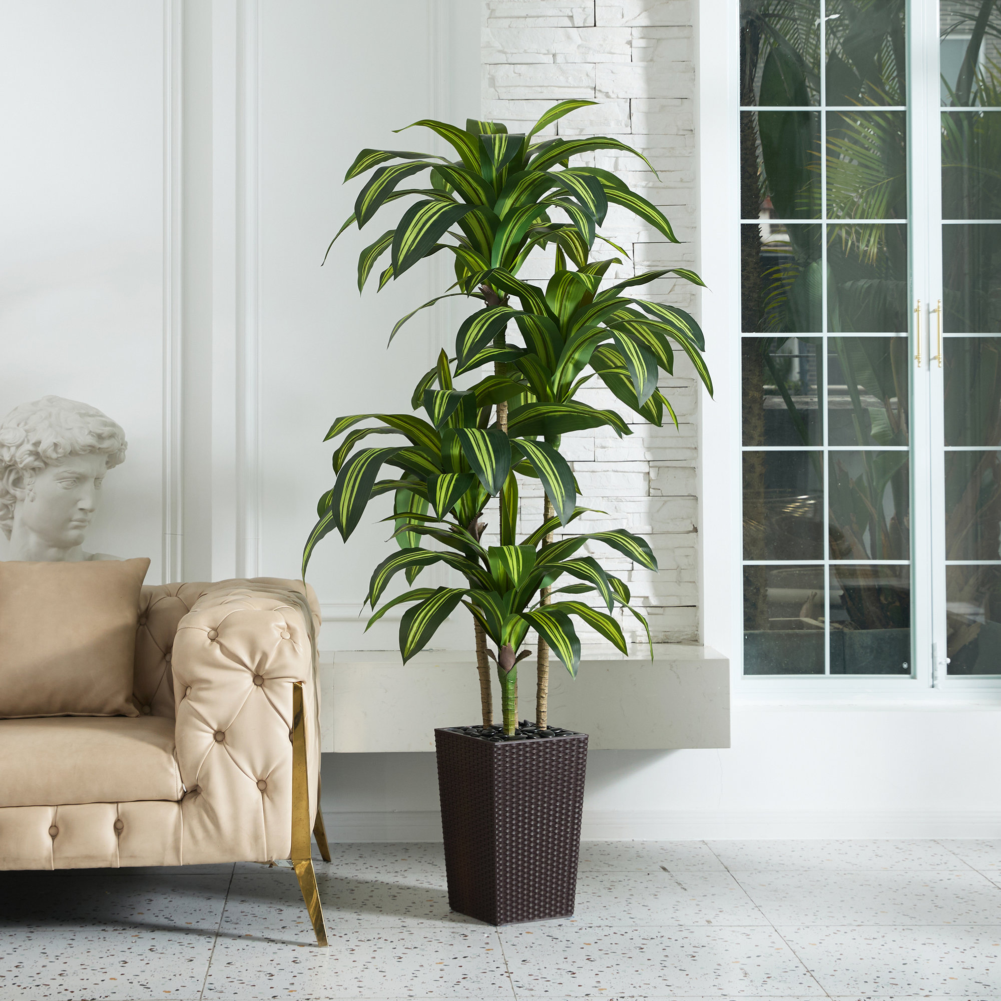 Almina UV Resistant Artificial Yellow Dracaena Tree, Faux Tree with Large Base for Indoor Outdoor, 72" H x 24" W x 24" D