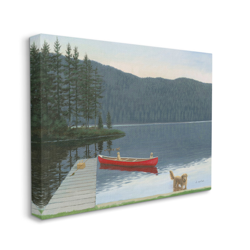 «Docked Row Boat Lake Forest Landscape Pet Dogs», art mural surdimensionné par James Wiens, H 36 po x l 48 po x P 1,5 po
