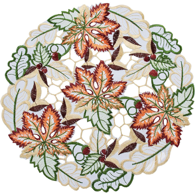 Riggleman Embroidered Cutwork Colorful Fall Maple Leaf, 11" Round