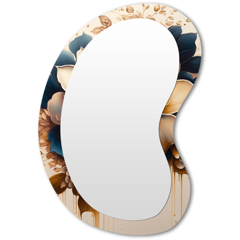 Light Orange And Dark Blue Dhalia III - Dahlia Asymmetrical Mirror, Orange Irregular Shape Unique Wall Mirror, Printed Metal Art