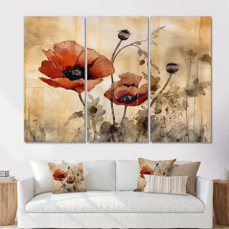 Vin catégorie de coquelicots rouges se balançant dans la brise - ensemble d'art sur toile coquelicots, Toile tendue