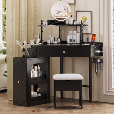 Ensemble de meuble-lavabo de coin avec tabouret de rangement rembourré et station de charge, bureau de maquillage triangulaire avec armoire latérale amovible, bureau de coiffeuse en verre avec tiroir et tablette, noir