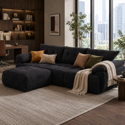 Schum 115" Modern L-Shaped Sectional Sofa, 3-Seater Chenille Couch with Curved Horn Backrest & Ottoman, Buttonless Tufted Upholstery, Wide Arms, No Assembly Required, for Living Room