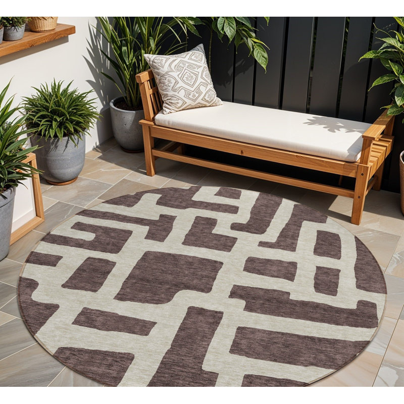 Tapis d'intérieur rond lavable abstrait brun et beige 8 pi