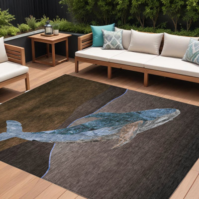 8' X 10' Brown And Denim Blue Animal Print Washable Indoor Outdoor Area Rug
