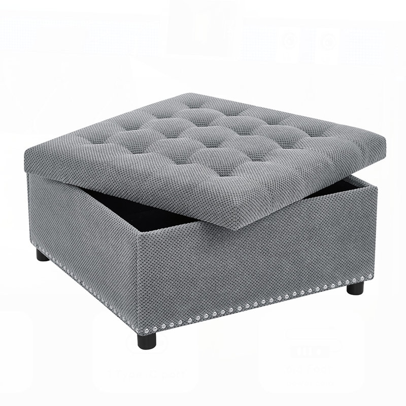 Classic Tufted Storage Ottoman with Nailhead Trim, Square Design for Living Room and Bedroom Organization, Light Gray