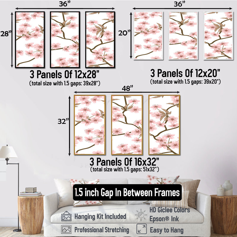 «Blossoming Cherry Branches», reproduction sur toile flottante 3 pièces, Cadre doré, H 20 po x l 36 po x P 1 po