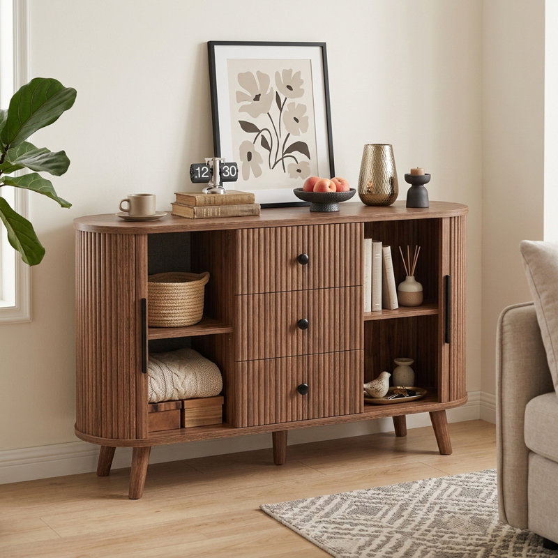 47.2" Buffet Cabinet With Storage, Mid Century Modern Fluted Cabinet With Tambour Doors & Drawers, Wood Sideboard Cabinet For Dining Room, Living Room, Entryway, Walnut