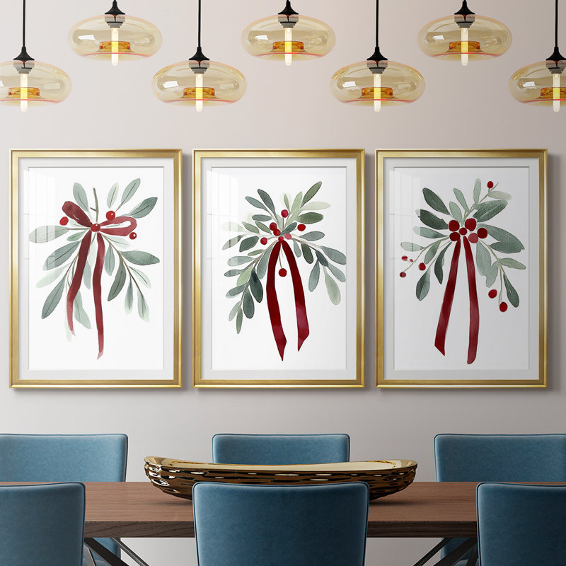 Christmas Holiday Art XVIII - Custom encadrée de qualité supérieure avec mat - 3 pièces, H 15 po x l 19 po, Doré