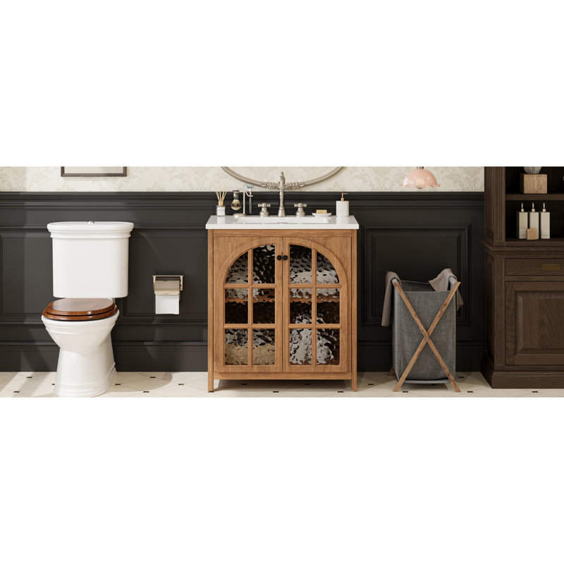 Meuble-lavabo de 31 po avec lavabo rectangulaire en céramique, rangement spacieux, charnières, verre trempé épaissi, tablettes réglables 31 po, portes à fermeture en douceur, poignées en bronze antique