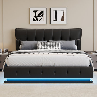 Upholstered Platform Queen Size Hydraulic Storage Bed, Lift Up Storage Bed With Rgb Led Light, Pu Leather Headboard And Footboard -  Ivy Bronx, 0767E719CB2D4A0FB9AC15E634993842