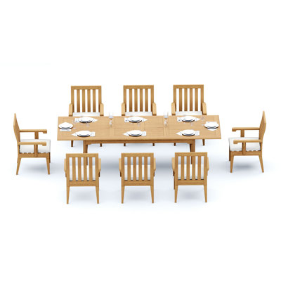 12 Seats 13 Pcs Grade-A Teak Wood Dining Set: 118" Double Extension Rectangle Table And 12 Caranas Arm Chairs #11Ca2412