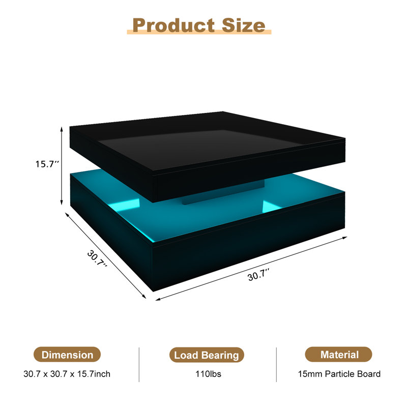 Table basse DEL avec rangement Moderne avec lumières DEL réglables, H 15,7 po x L 30,7 po x l 30,7 po, Noir lustré