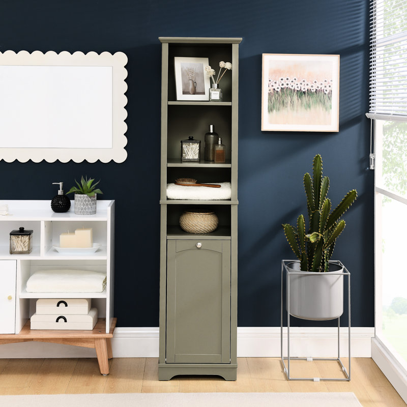 Rangement de salle de bain de 64 po de hauteur avec panier à linge - Armoire grise à 4 tablettes réglables pour espaces de rangement compacts et polyvalents