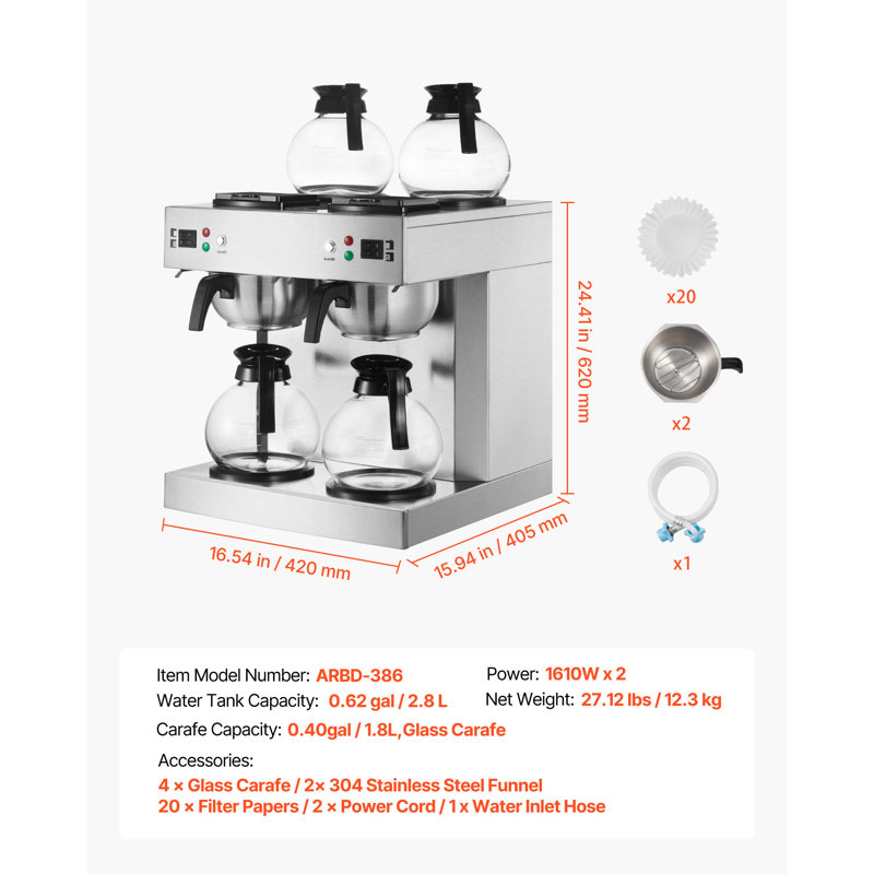 Commercial Drip Coffee Maker, 24 Cups Coffee-Maker Machine with 4 Glass Carafes and 4 Decanter Warmer Plates, Stainless Steel Dual-Head Coffee Brewer, for Restaurant, Office, Coffee Shop & Home